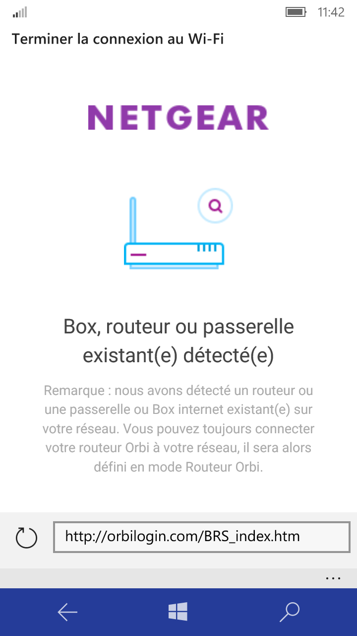 Detection routeur page web Orbi Netgear Windows Phone