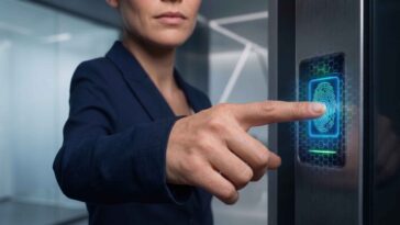 Plan moyen montrant une femme en blazer bleu utilisant un capteur d'empreintes digitales technologique s'illuminant d'une lumière bleue vibrante.