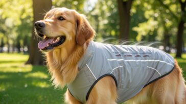 Un chien de race golden retriever se tient de profil dans un parc en portant une veste technique grise réfléchissante.