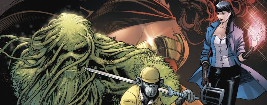 Swamp Thing avec 2 membres de la Justice League Dark