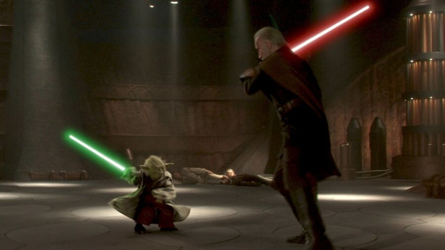Maître Yoda contre Dooku dans Star Wars, épisode II: L'Attaque des clones.