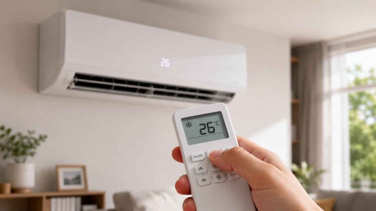 Gros plan sur une main tenant une télécommande affichant 26°C. En arrière-plan, un climatiseur mural de la même température.