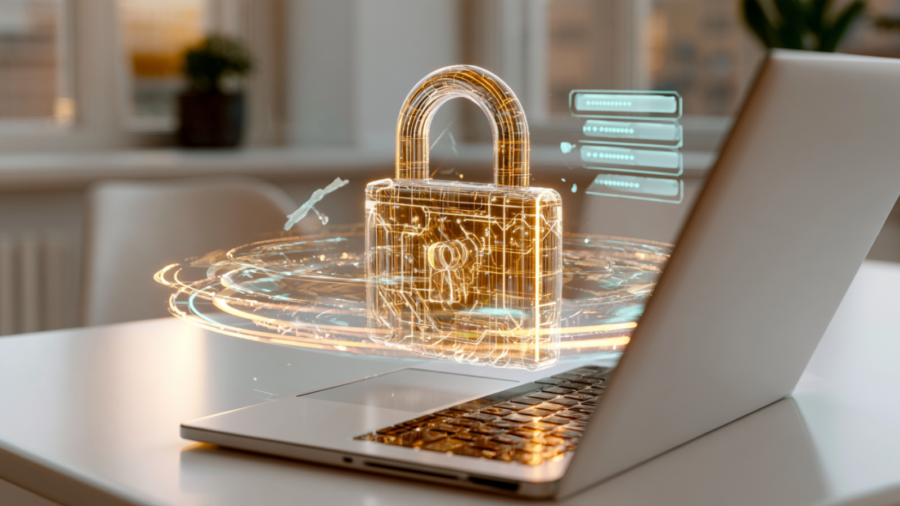 Ordinateur vu de côté avec un hologramme de cadenas numérique illustrant un gestionnaire de mots de passe sécurisé