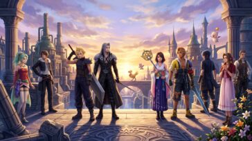 Célèbres personnages de Final Fantasy de plusieurs jeux, dont Cloud, Sephiroth et Yuna, se réunissent dans un paysage fantastique composite.