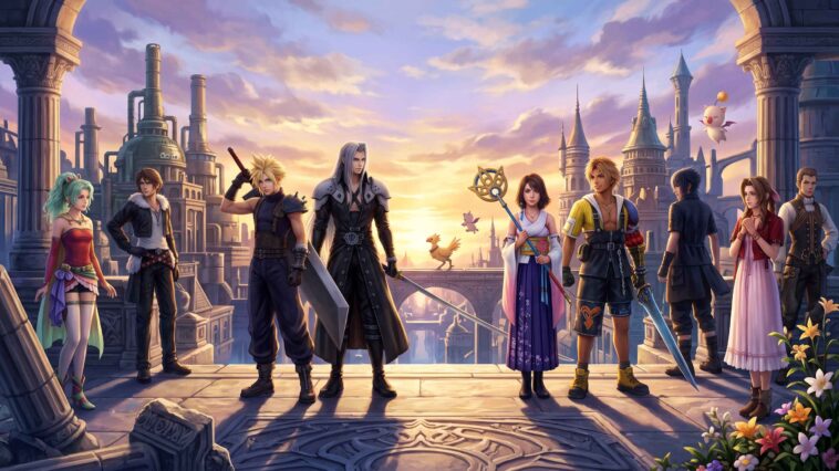 Célèbres personnages de Final Fantasy de plusieurs jeux, dont Cloud, Sephiroth et Yuna, se réunissent dans un paysage fantastique composite.