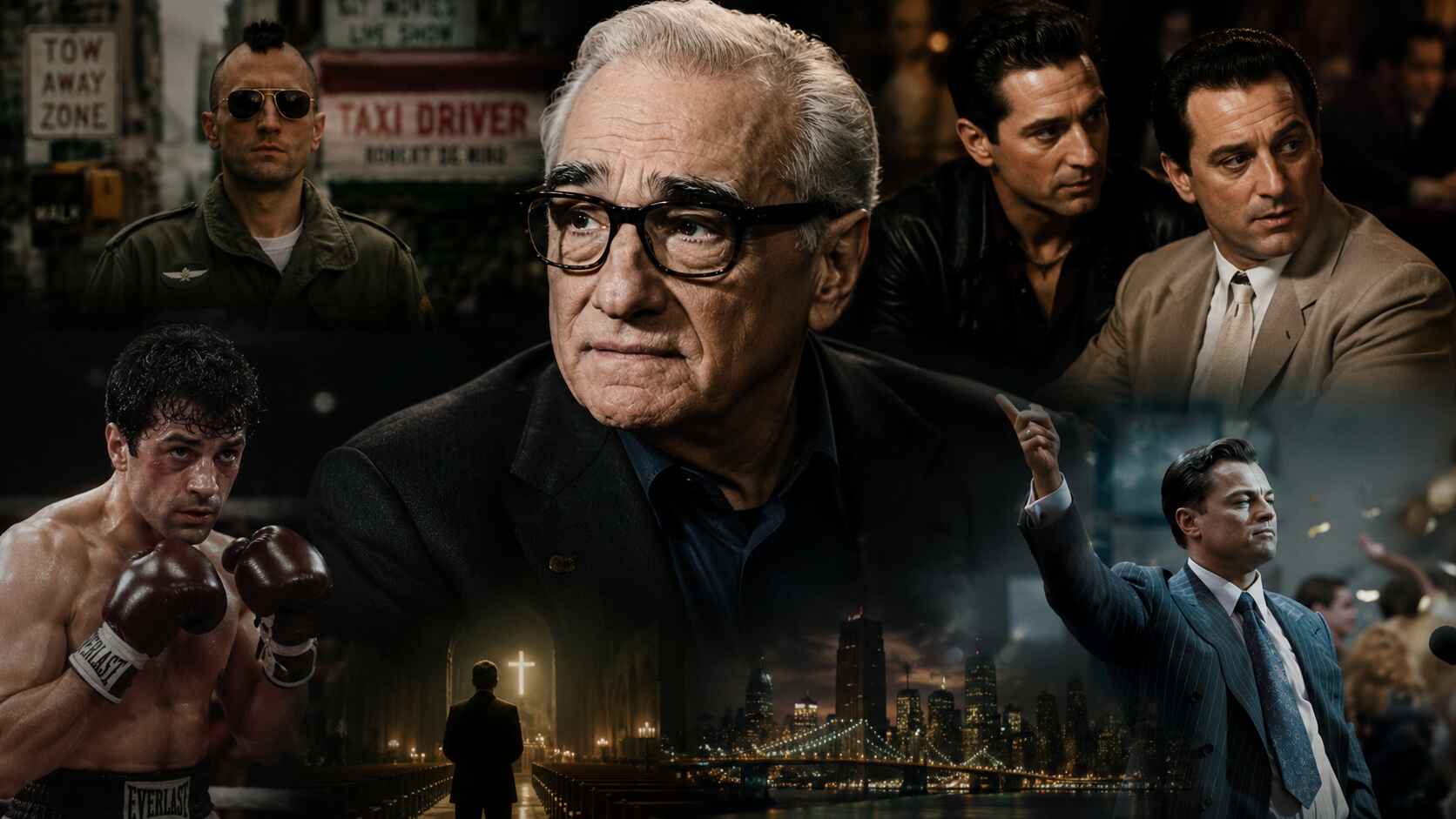 Ce photomontage montre Martin Scorsese central, entouré de Robert De Niro (Taxi Driver, Raging Bull) et Leonardo DiCaprio (The Wolf of Wall Street).