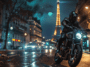 Une moto roulant la nuit à Paris