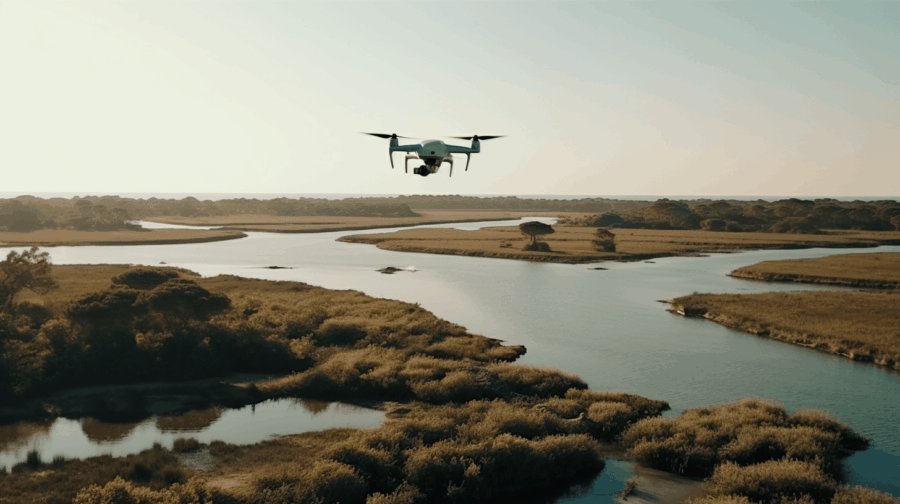 Un drone voler au dessus d'un marecage