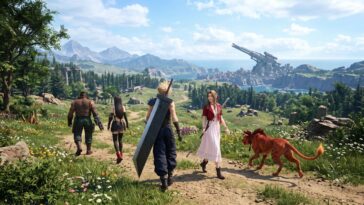Cloud, Aerith, Tifa, Barret et Red XIII marchent sur un beau sentier fleuri vers la grande forteresse militaire de Junon.