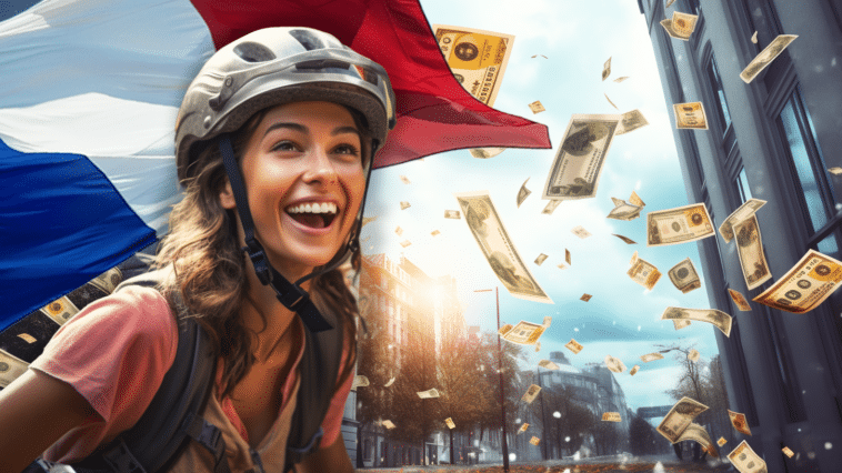 Femme à vélo heureuse ayant reçue l'aide de l'état pour s'acheter un vélo électrique
