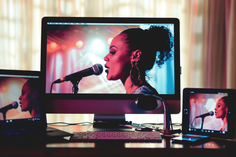 The same image of a singer appears on an iMac, laptop PC, tablet, and Android phone placed side by side on a table
