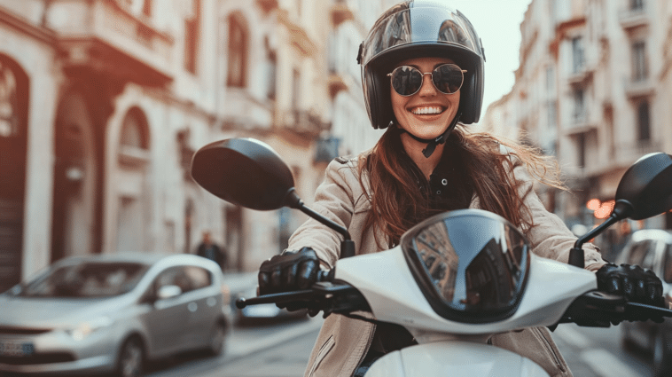 une jeune femme à bord d'un scooter électrique