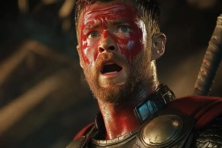 Thor montrant une expression choquée et avec du sang sur le visage.