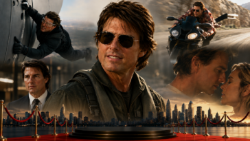 Montage composite présentant Tom Cruise en aviateur, en cascade d'avion, à moto, en costume et dans une scène romantique.