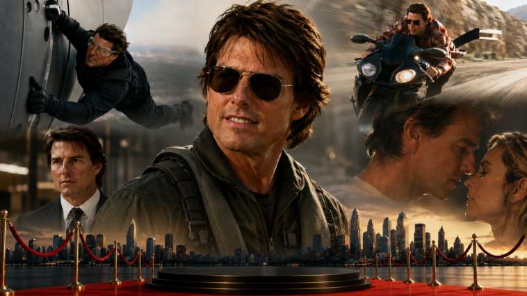 Montage composite présentant Tom Cruise en aviateur, en cascade d'avion, à moto, en costume et dans une scène romantique.