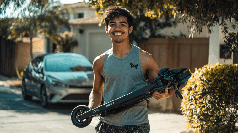 un jeune homme qui tient une trottinette électrique pliable pour illustrer comment plier une trottinette électrique