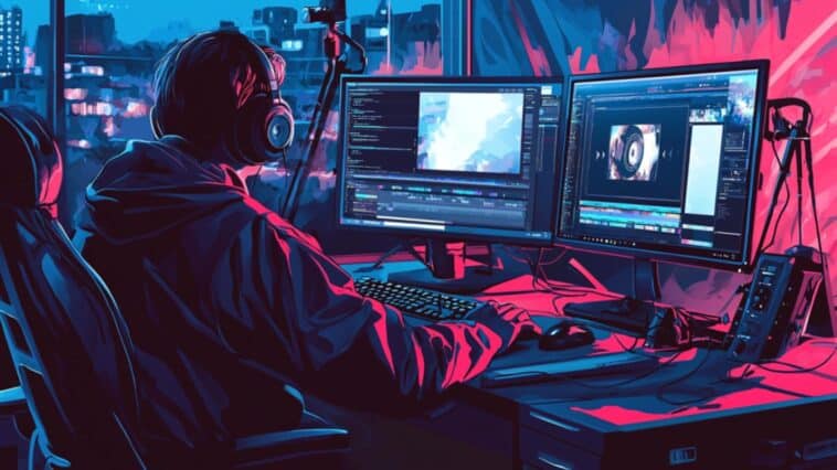 the image of a person working on his computer and editing a video