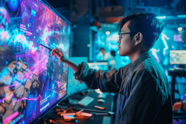 Un expert en design de jeu vidéo peaufine un graphisme devant un énorme grand écran avec un stylet