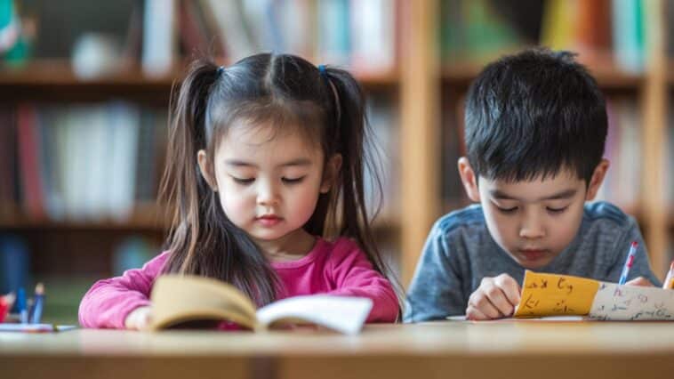 an image of a 3-year-old girl learning to read and a 3-year-old boy next to her learning to write