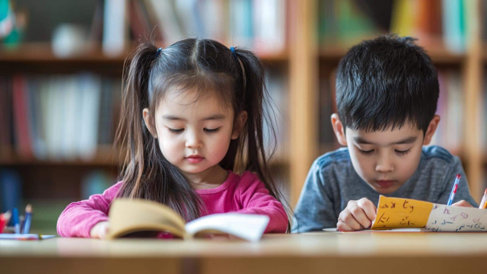 an image of a 3-year-old girl learning to read and a 3-year-old boy next to her learning to write