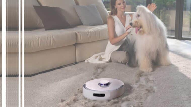 Image mettant en avant l'aspirateur robot Narwal Freo Z Ultra, sur une moquette, dans un salon, montrant son efficacité à enlever les poils de chien