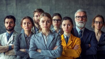 the image of several people in different professions taking a group photo, but looking rather sad