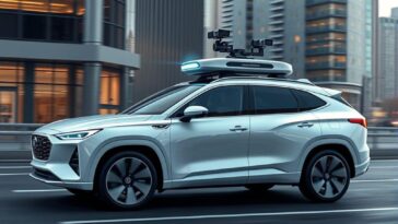 l'image d'un taxi autonome blanc qui ressemble à un SUV avec un système de guidage posé sur le toit de la voiture
