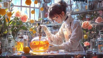 jeune femme entourée de roses et d'oranges concevant des parfums en laboratoire