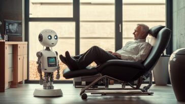 un homme en train de discuter avec une IA robot thérapeute