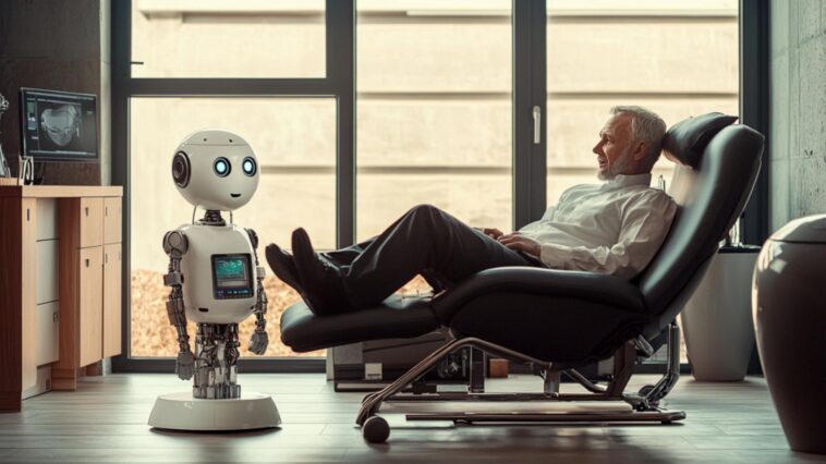 un homme en train de discuter avec une IA robot thérapeute