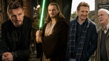 Montage visuel représentant différentes facettes de la carrière de Liam Neeson, alternant univers fantastique, action spectaculaire et registres dramatiques plus intimistes variés.