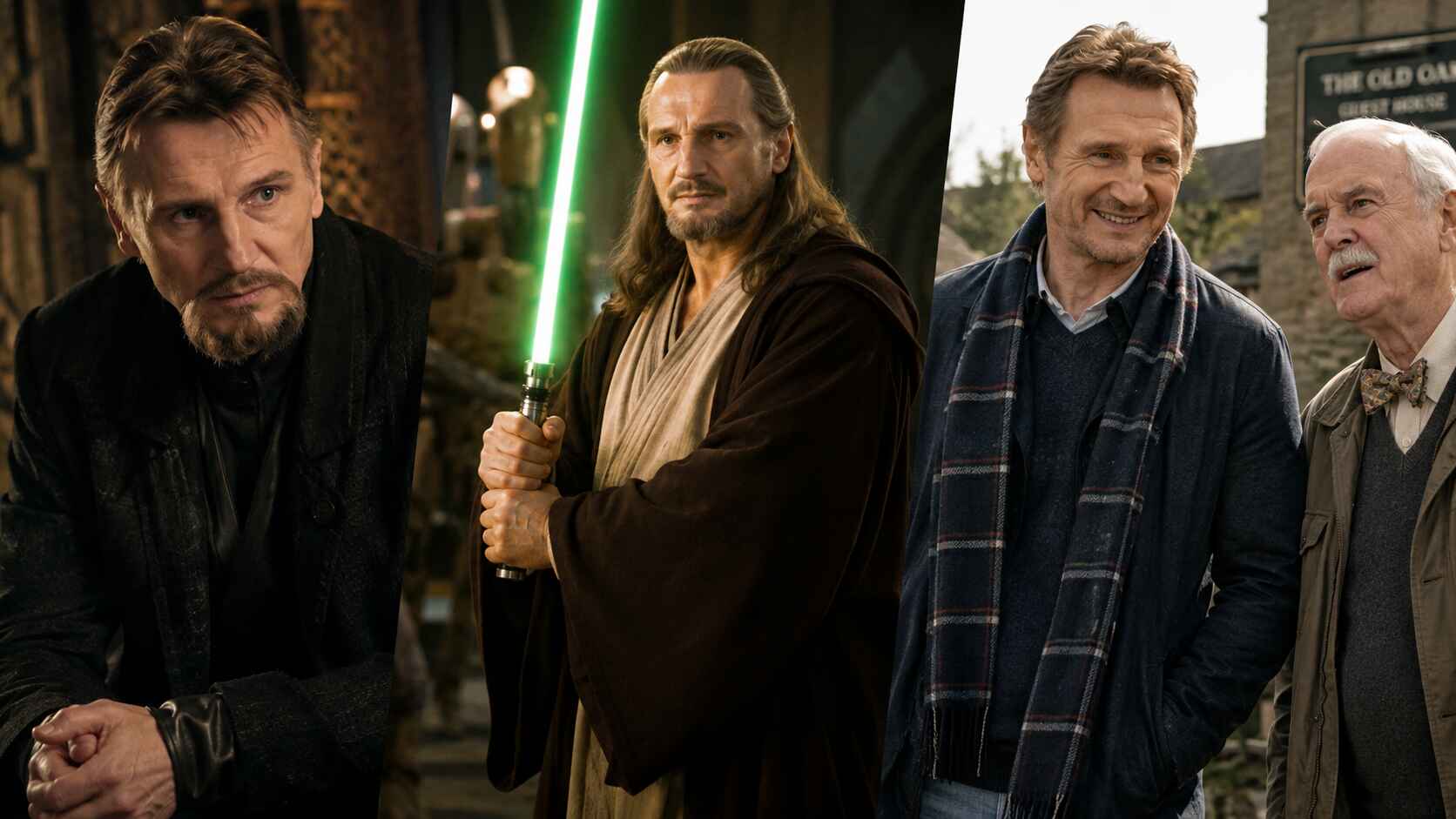 Montage visuel représentant différentes facettes de la carrière de Liam Neeson, alternant univers fantastique, action spectaculaire et registres dramatiques plus intimistes variés.