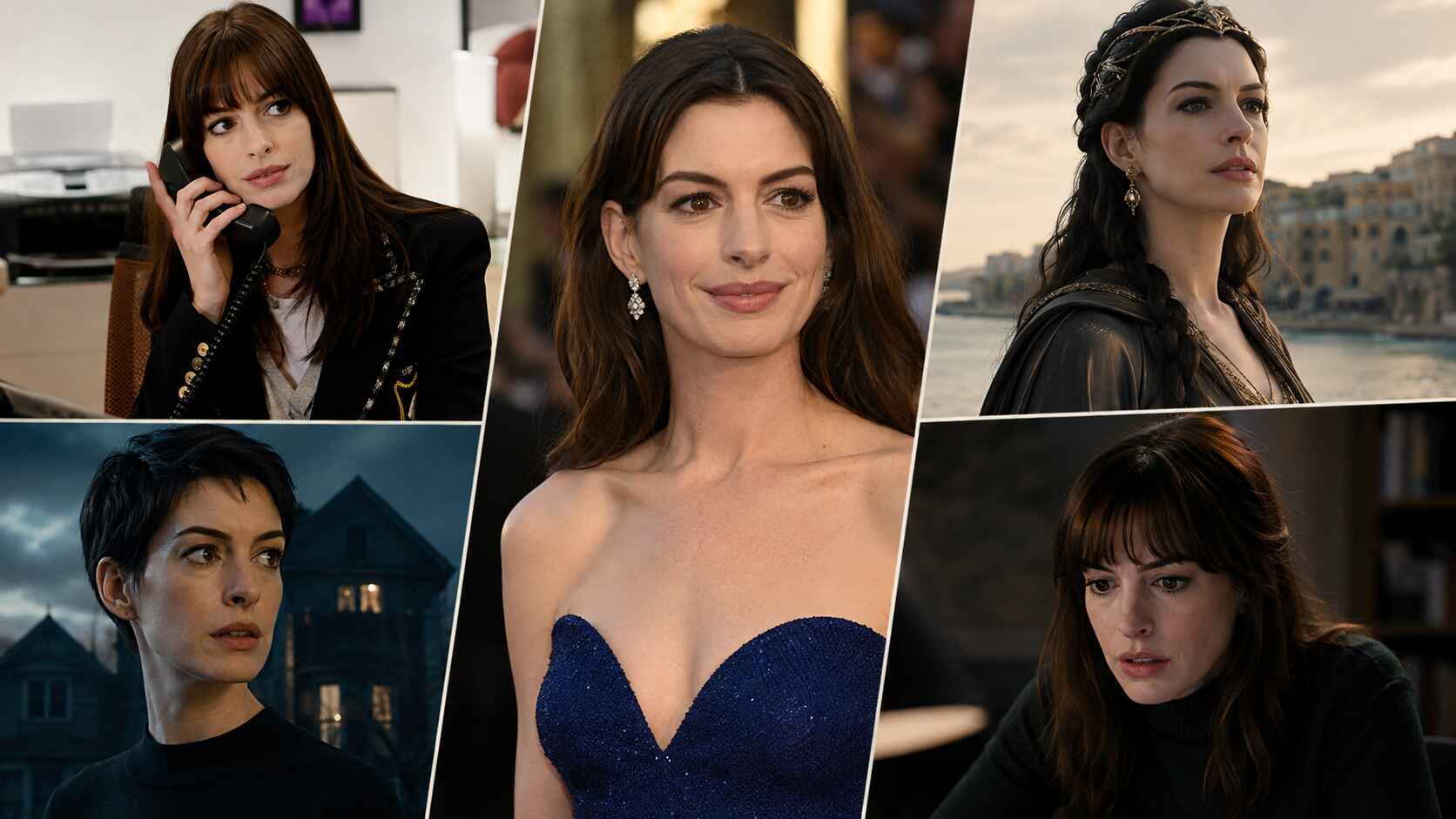 Montage cinématographique illustrant Anne Hathaway dans différents univers visuels, symbolisant la diversité des films marquant son retour remarqué en 2026.