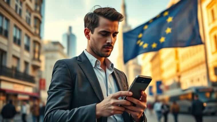 jeune homme en train de regarder son smatphone dans une rue en Europe