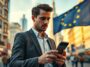 jeune homme en train de regarder son smatphone dans une rue en Europe
