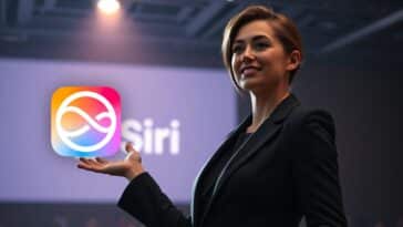 jeune femme faisant une présentation de la nouvelle version de l'IA Siri en attente de lancement