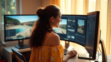 jeune femme en train de faire de l'édition d'images sur X et 3 moniteurs