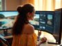 jeune femme en train de faire de l'édition d'images sur X et 3 moniteurs
