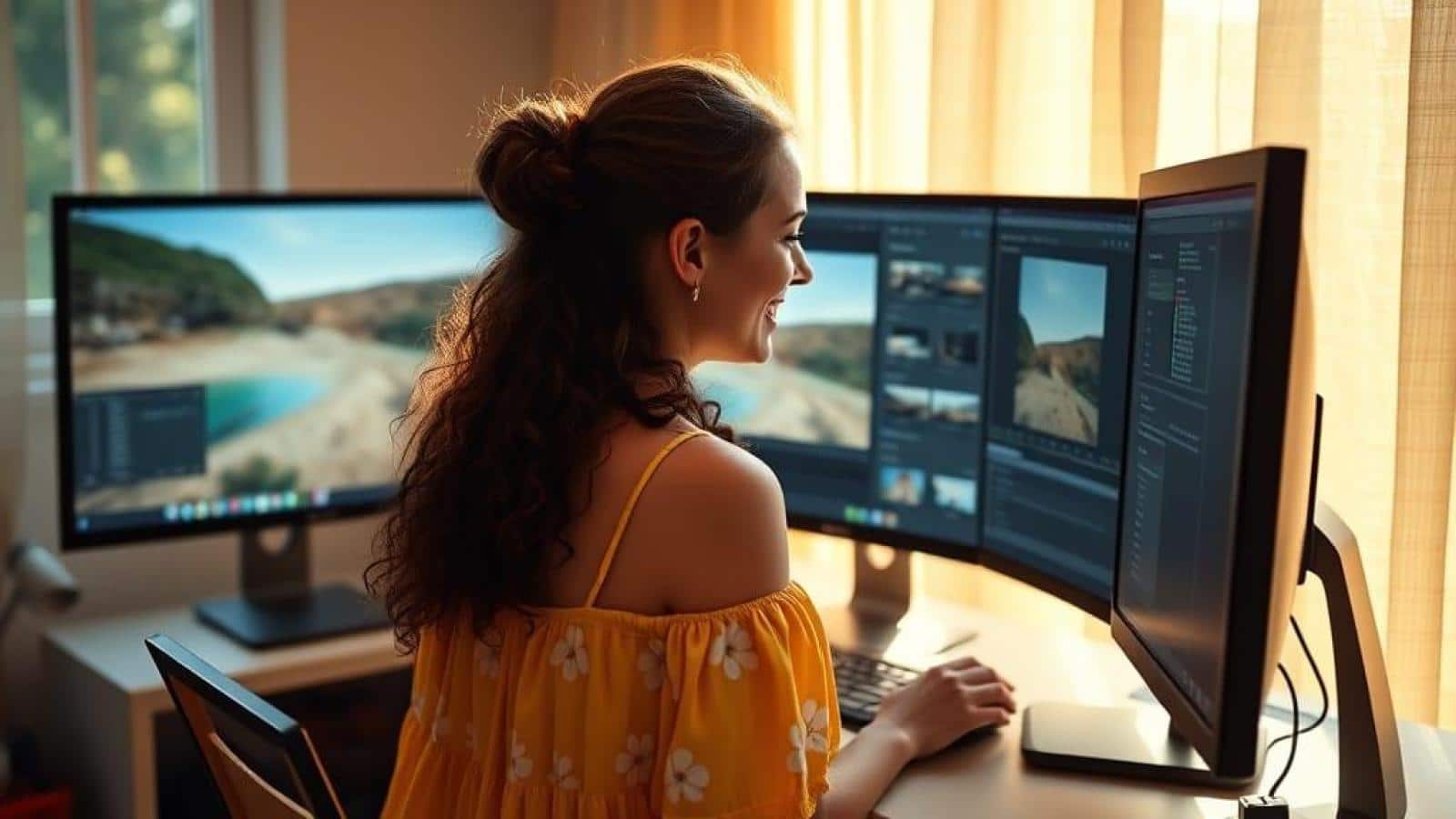 jeune femme en train de faire de l'édition d'images sur X et 3 moniteurs