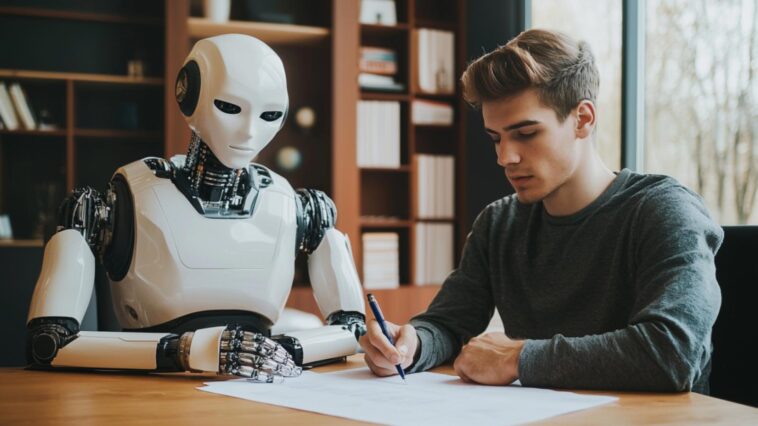 l'image d'un robot assis à une table à côté d'un jeune homme de 20 ans.