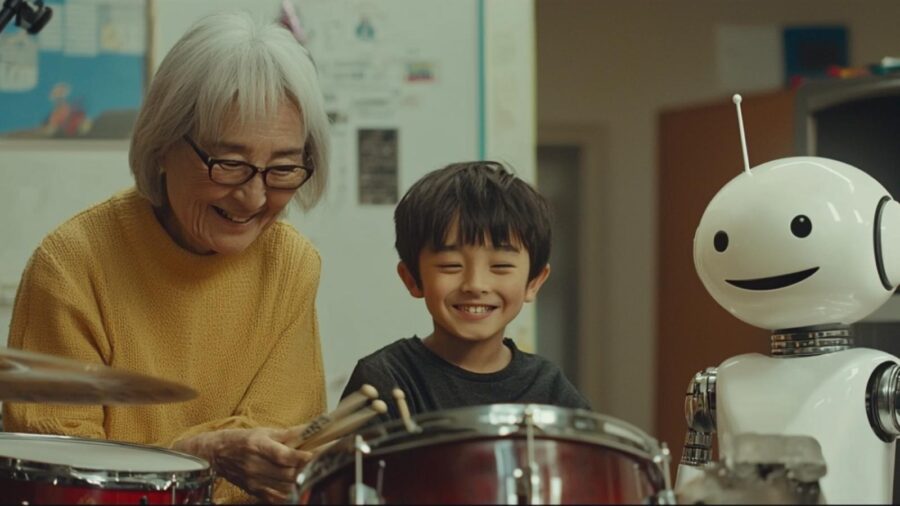 un enseignant qui apprend à son élève à faire de la batterie avec une IA en guise de d'accompagnateur