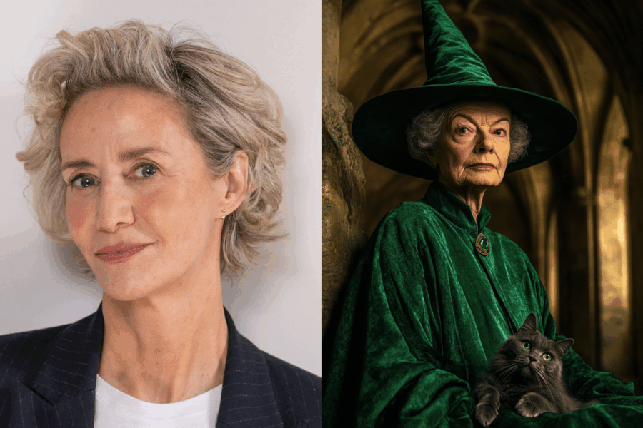 Image montrant Janet McTeer, future interprète de Minerva McGonagall, aux côtés d’une représentation IA inspirée de son personnage dans Harry Potter.