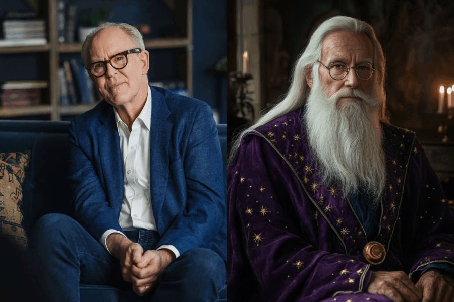 Montage comparatif entre John Lithgow, l’acteur choisi pour incarner Dumbledore dans la série Harry Potter, et une version IA du personnage.