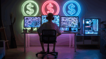 Joueur installé à son bureau gaming, interface de jeu visible affichant des icônes de dollar, euro, bitcoin et pièces, lumière néon, scène immersive.
