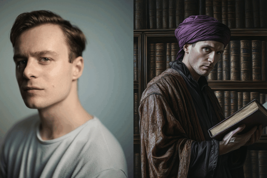 Montage de Luke Thallon, choisi pour incarner Quirinus Quirrell, et d’une version IA illustrant son apparence dans l’univers Harry Potter.