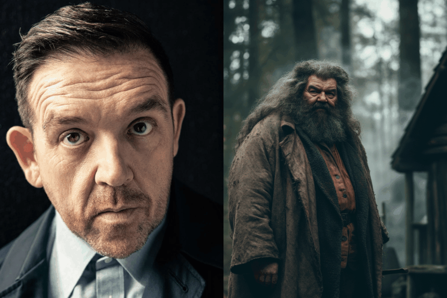 Portrait double de Nick Frost, nouvel interprète de Hagrid dans Harry Potter, et d’une version IA du demi-géant.