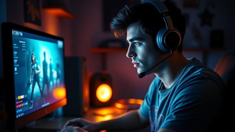 Gamer jouant à un jeu sur ordinateur en utilisant technologie Nvidia