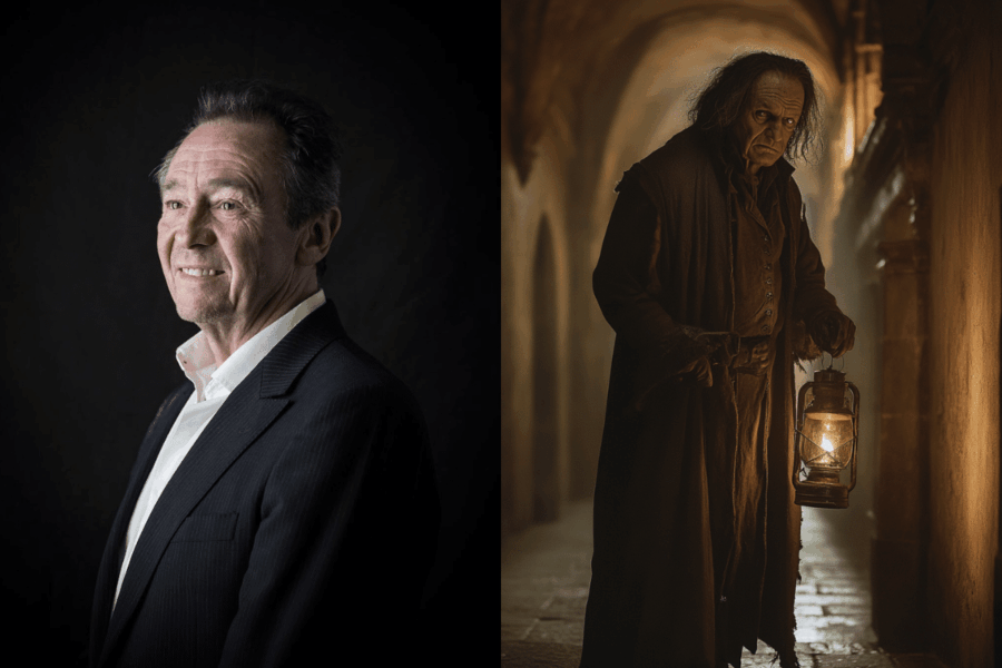 Image double présentant Paul Whitehouse, acteur désigné pour jouer Argus Filch, et une représentation IA du personnage.
