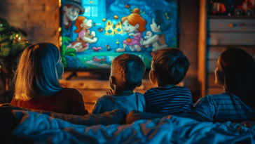 Une famille regardant un dessin animé sur Pluto TV