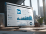 Écran d’ordinateur affichant un tableau de bord LinkedIn avec des statistiques en hausse, dans un bureau lumineux et moderne.